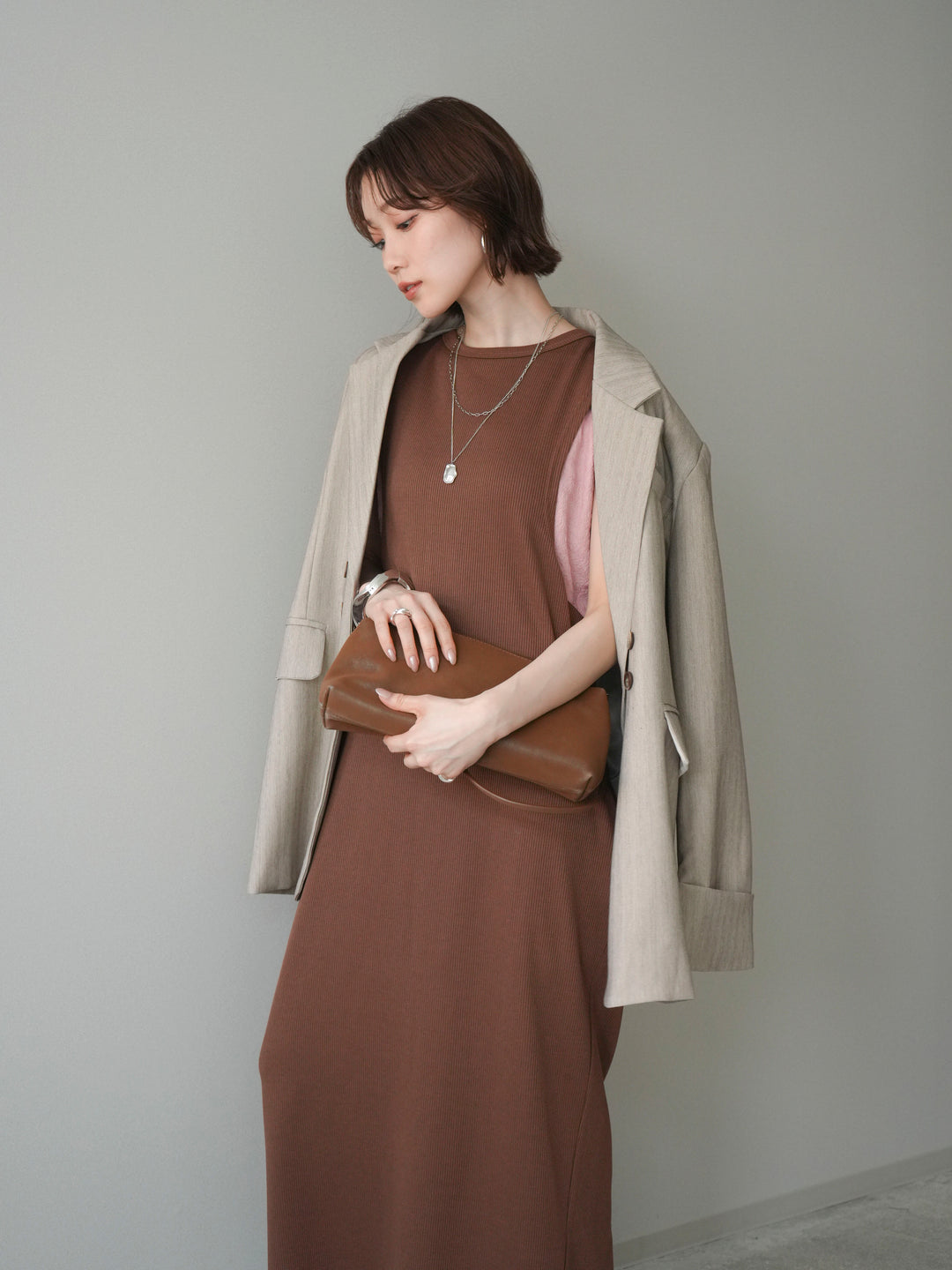 [予約]バイカラーレイヤードノースリーブワンピース/brown