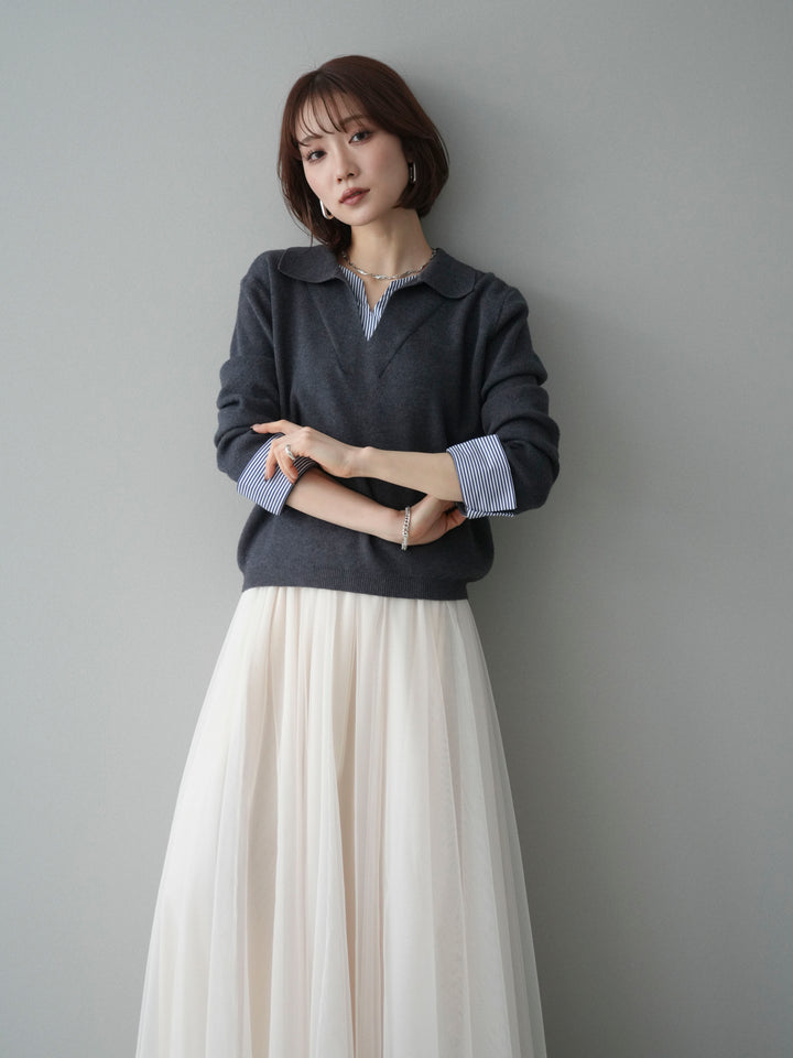 [予約]シャツレイヤードスキッパーニットプルオーバー/charcoal