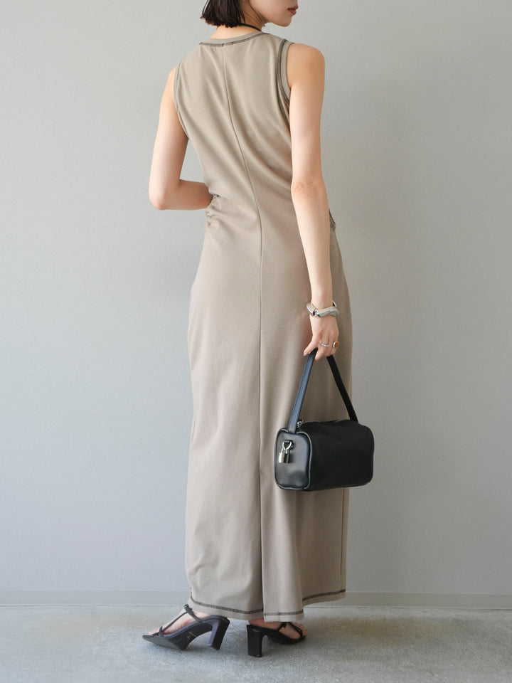 [予約]ウエストオープンステッチカットワンピース/ベージュ