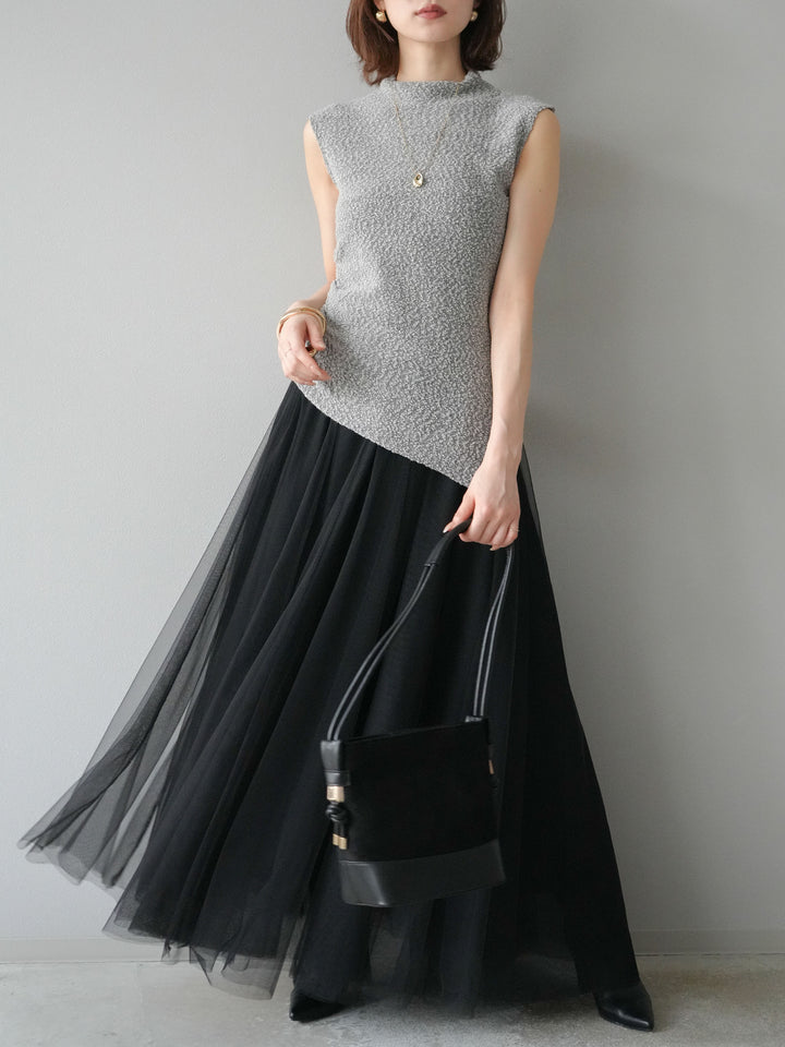 [SET]ブークレアシメニットノースリーブトップス+チュールボリュームスカート(2set)