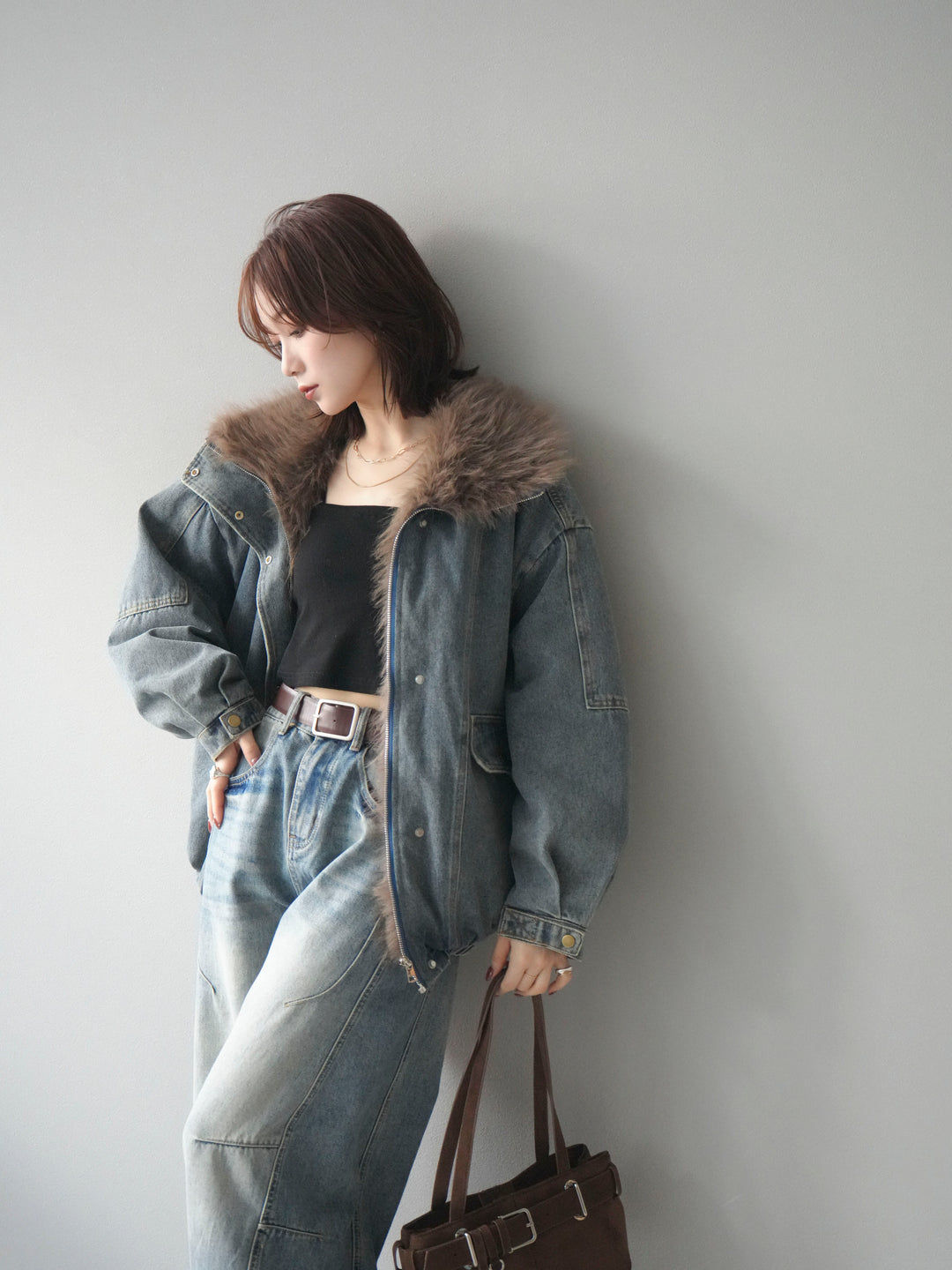 [予約]デニムxファーブルゾン/denimbrown