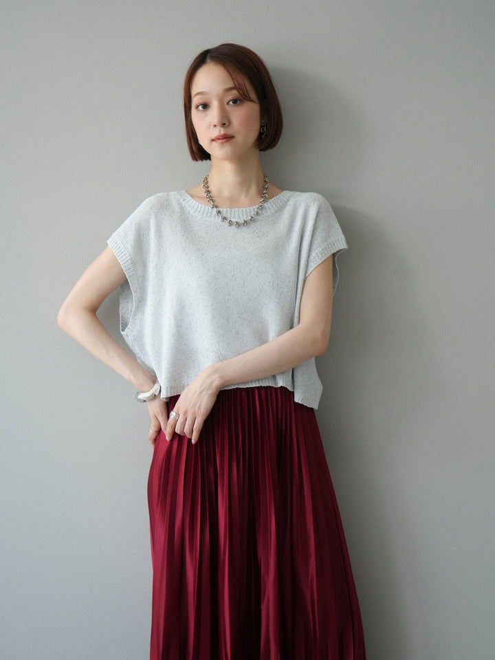 [SET]ネップヤーンクロップドニットベスト+サテンプリーツマキシスカート(2set)