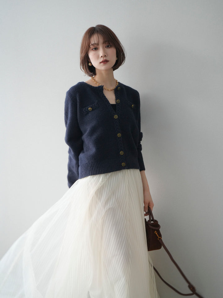 [SET]編みこみアンティークボタンニットカーディガン+チュールストライプボリュームスカート(2set)