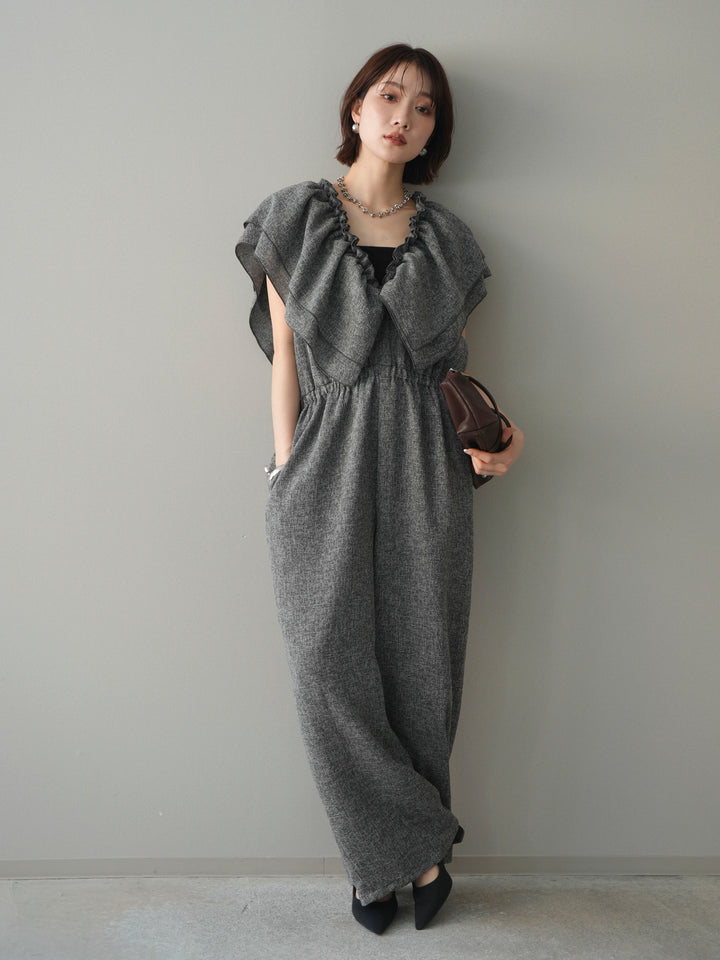 [SET]3WAYミックスツイードギャザーオールインワン+選べるアクセセット(2set)