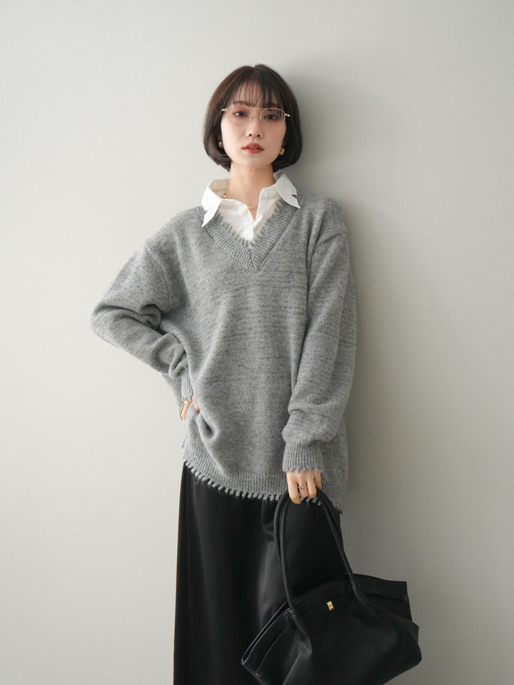 [予約]シャツドッキングVネックフリンジニットプルオーバー/gray