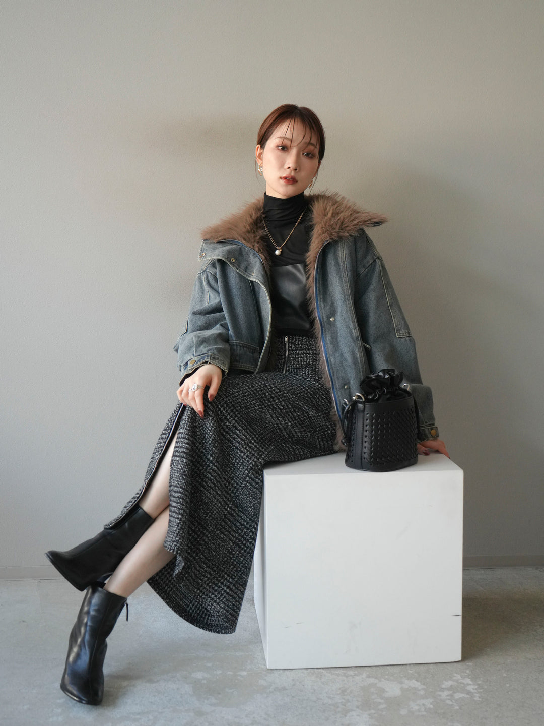 [予約]デニムxファーブルゾン/denimbrown