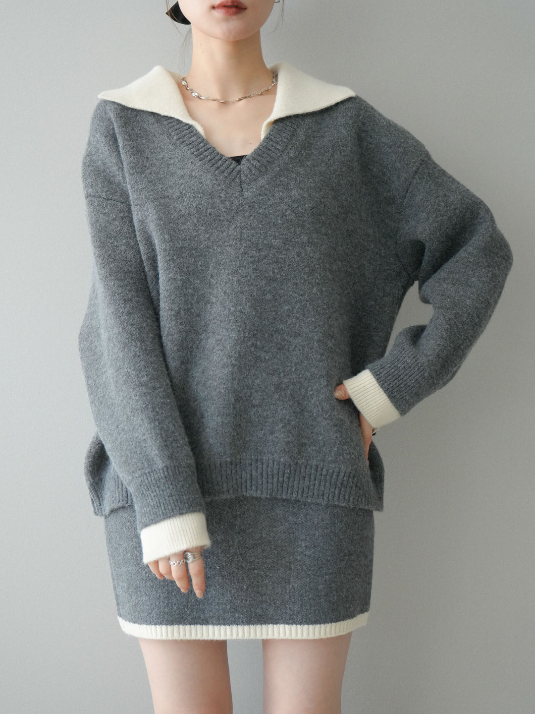[SET]配色襟ニット＆ミニスカートSET UP+配色襟ニット＆ミニスカートSET UP(2set)