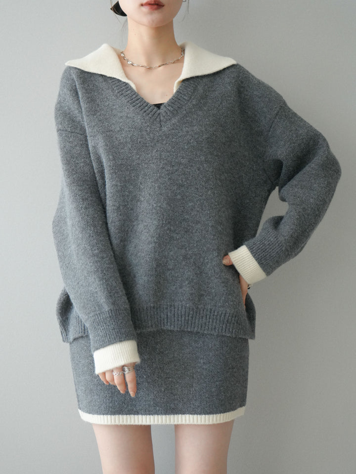 [SET]配色襟ニット＆ミニスカートSET UP+配色襟ニット＆ミニスカートSET UP(2set)