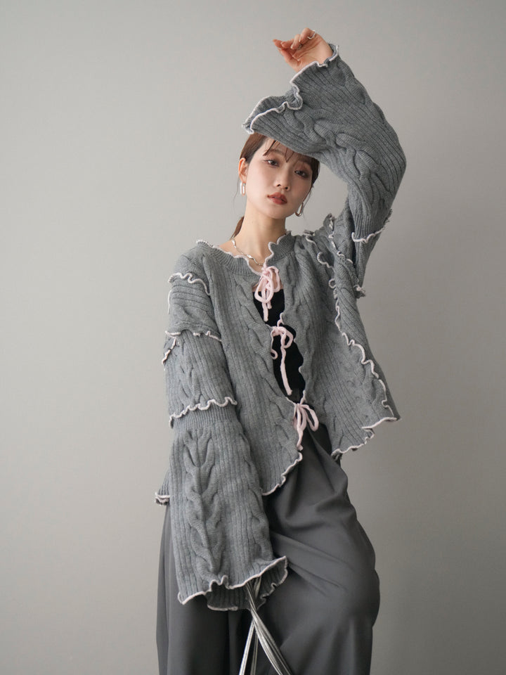 [SET]フロントリボン配色メローニットカーディガン+テープベルトタックバギーパンツ(2set)