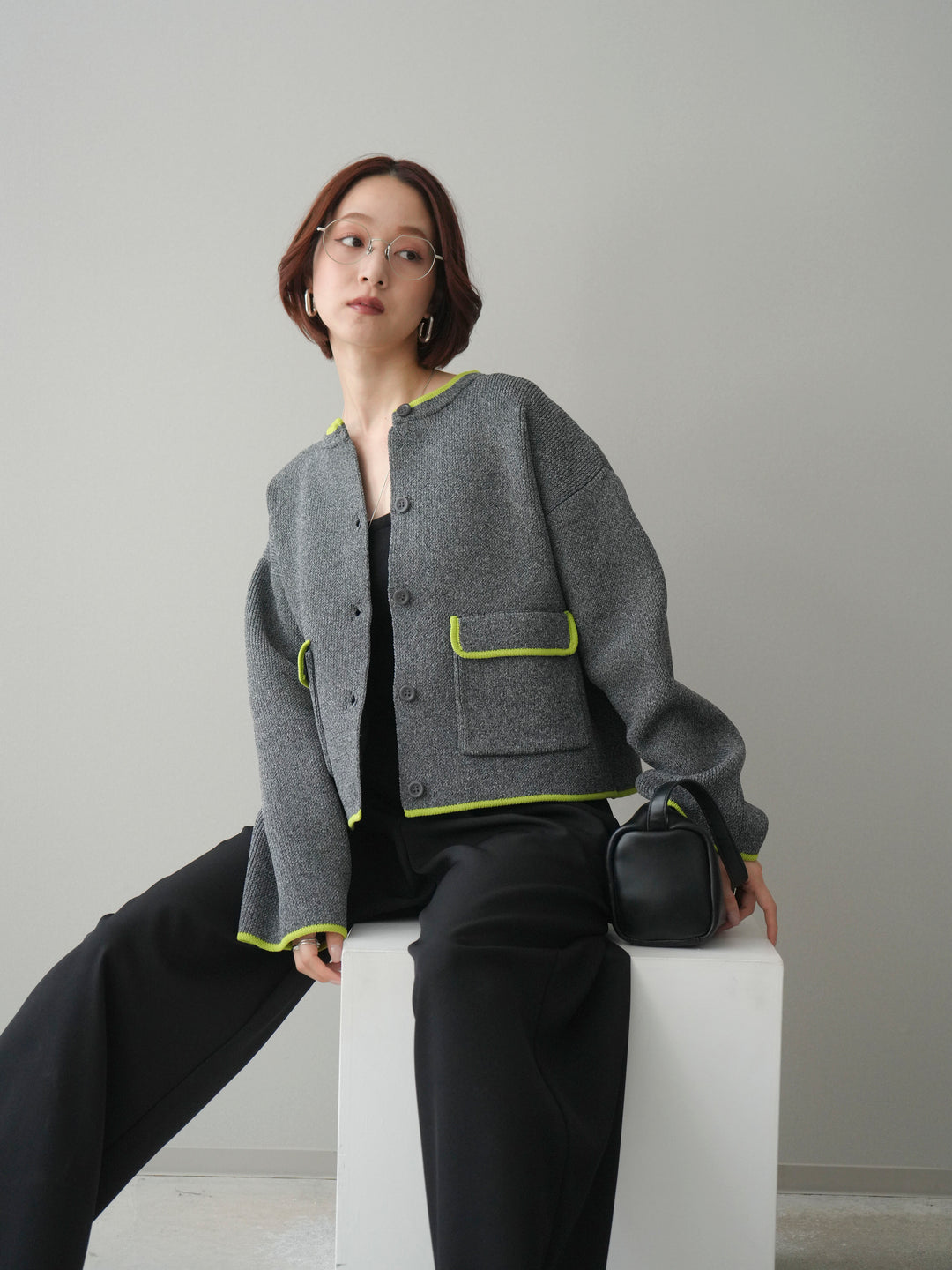 [SET]ポリエステル配色ニットカーディガン+ウエストレースタックワイドパンツ(2set)