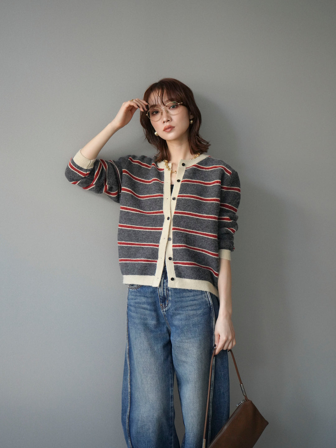 [予約]配色ボーダーニットカーディガン/gray