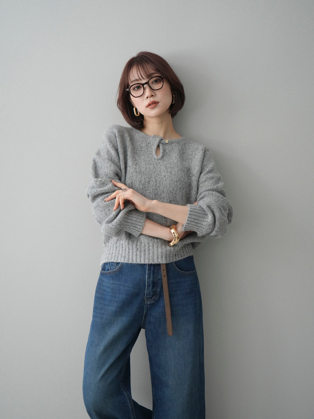 [SET]ツイストネックラメネップヤーンニットプルオーバー+選べるアクセセット(2set)