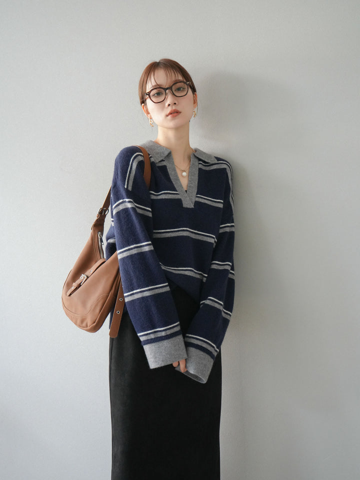 [SET]ポロ襟スキッパーボーダーニットプルオーバー+スウェードIラインスカート(2set)