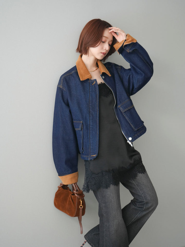 [予約]コーデュロイ×デニムショートカバーオール/indigo