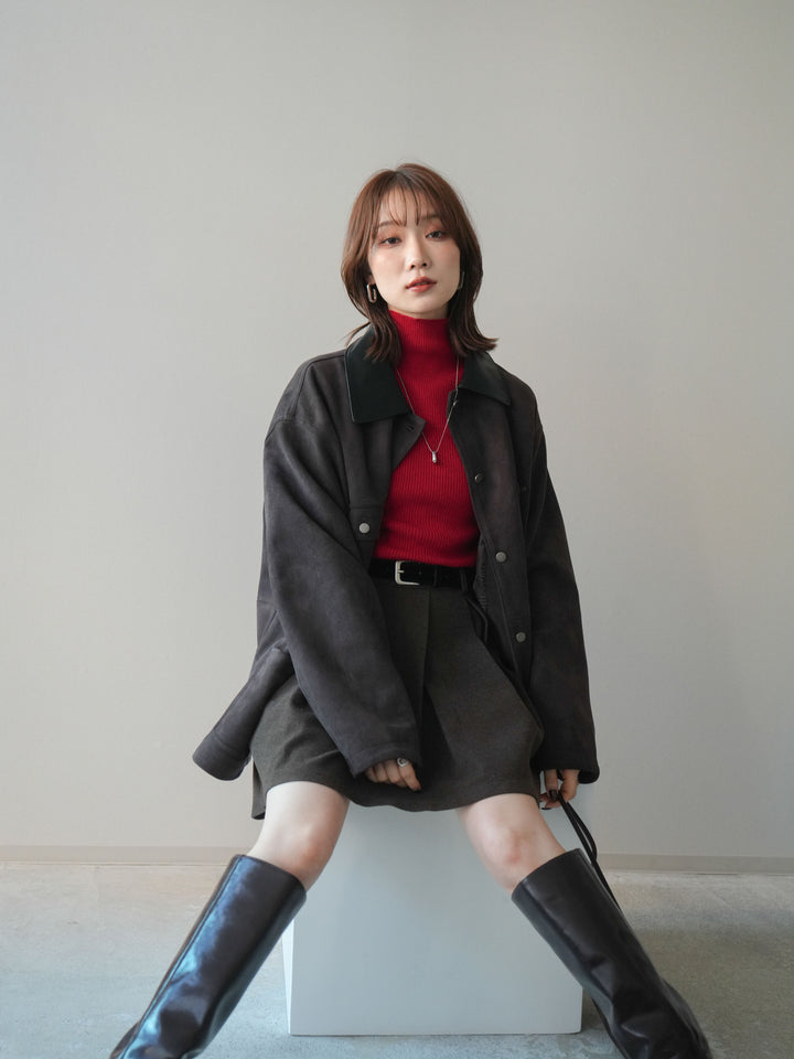 [SET]襟レザーステンカラースエードジャケット+袖ボタンボトルネックリブニットトップス+ベルト付きタックミニスカート(3set)