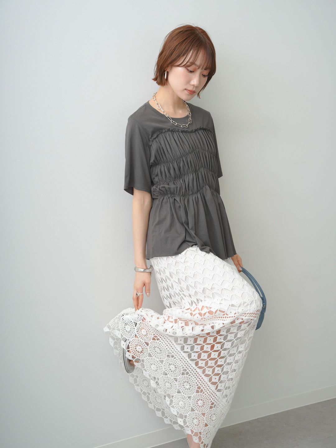 [SET]クールタッチシャーリングTEE+クロシェレースIラインスカート(2set)