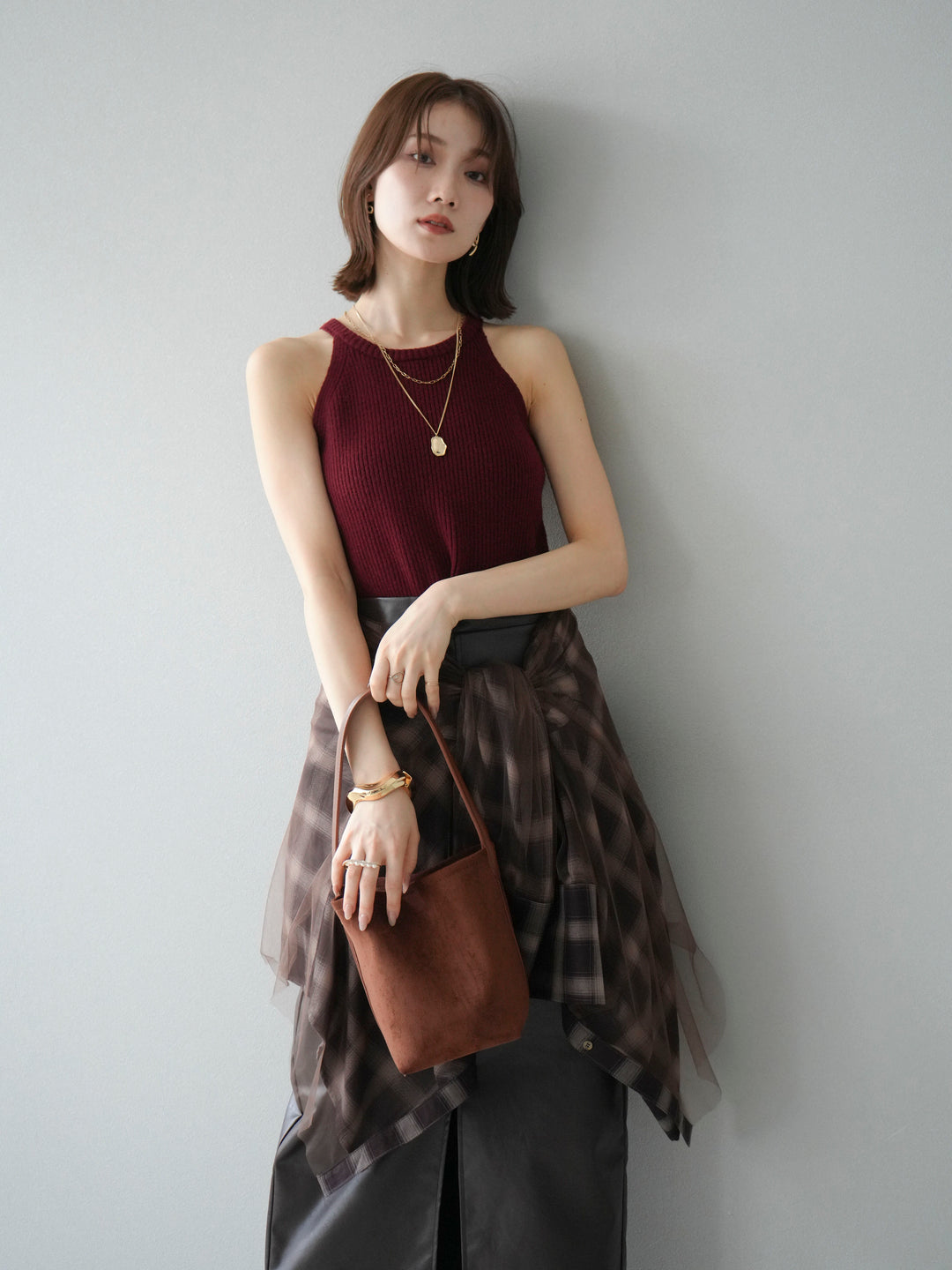 [予約]リブニットアメスリタンクトップ/ボルドー