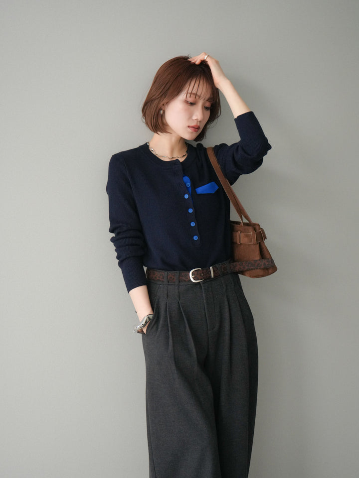 [SET]バイカラーデザインポケット配色ヘンリーネックニットソー+アニマル柄ベルト付きウールタッチワイドパンツ(2set)