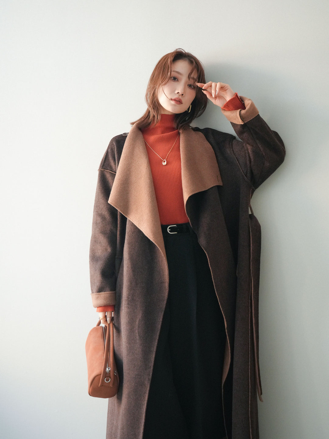 [予約]ダブルフェイスバイカラーロングコート/brown