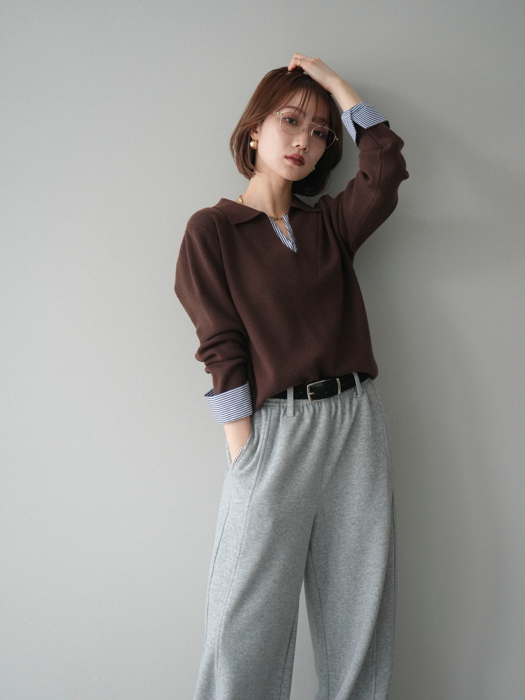 [予約]シャツレイヤードスキッパーニットプルオーバー/brown