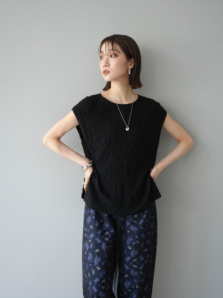 [SET]ポコポコノースリーブニットプルオーバー+コード刺繍チュールレイヤードパンツ(2set)