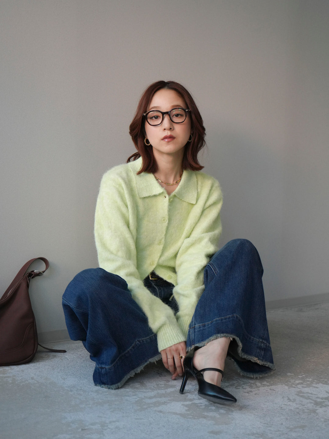 [SET]モヘア衿付きボタンプルオーバー+裏起毛裾フリンジワイドデニムパンツ(2set)