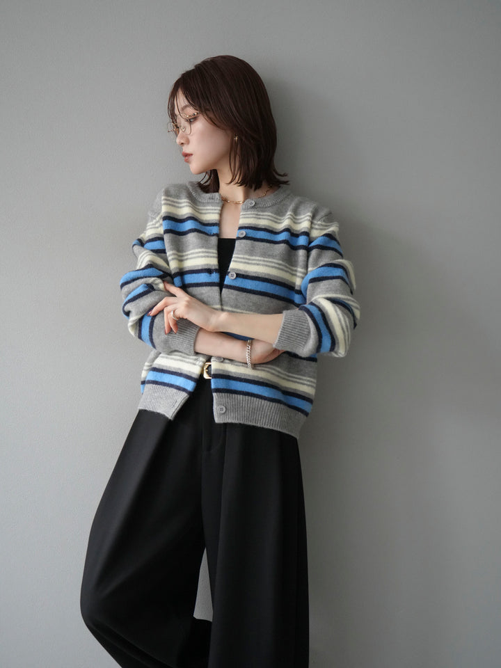 [SET]マルチボーダーニットカーディガン+ベルトループデザインワイドパンツ(2set)