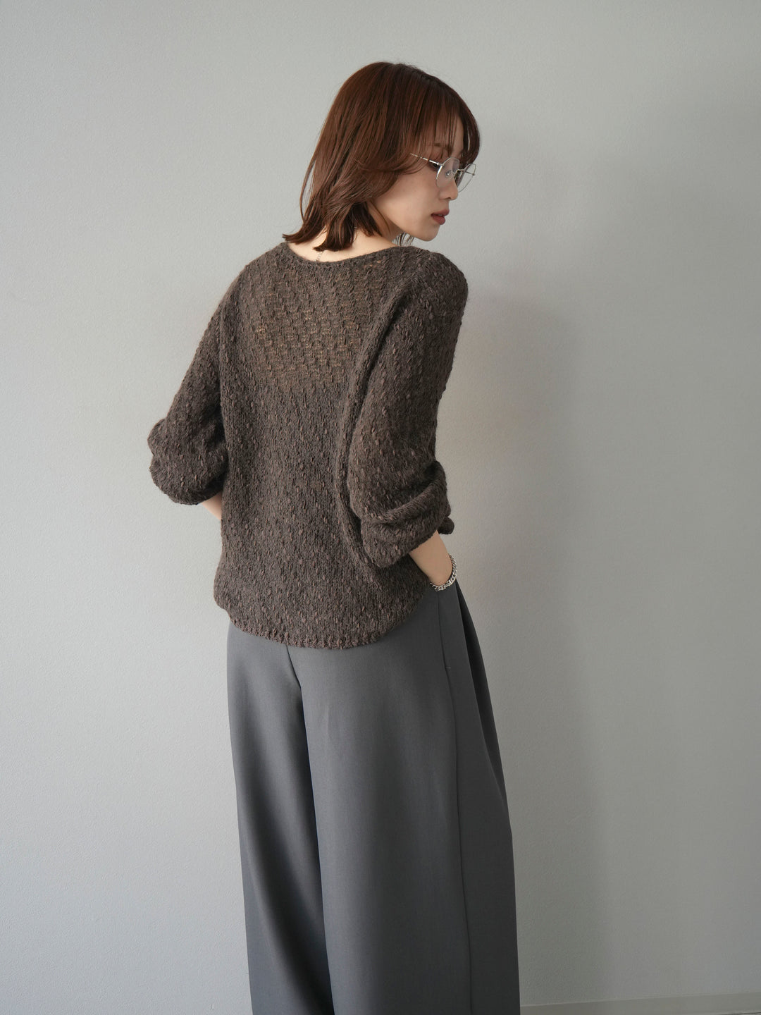 【着回しセット】[SET]求心柄クロップドニットカーディガン+異素材ミックスヤーンニットプルオーバー+ベルトループデザインワイドパンツ(3set)