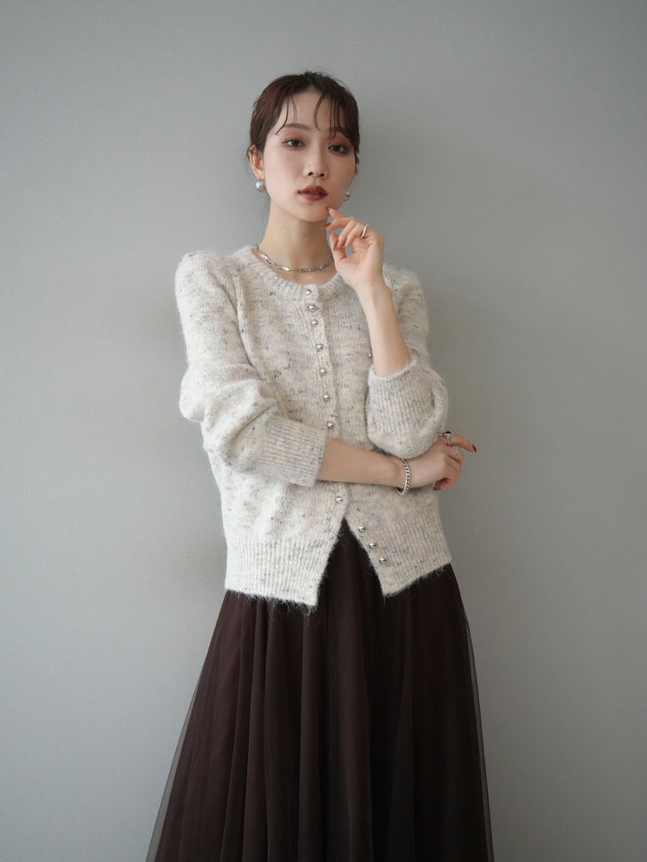 [予約]ブローチ付silverボタンミックスニットカーディガン/beige