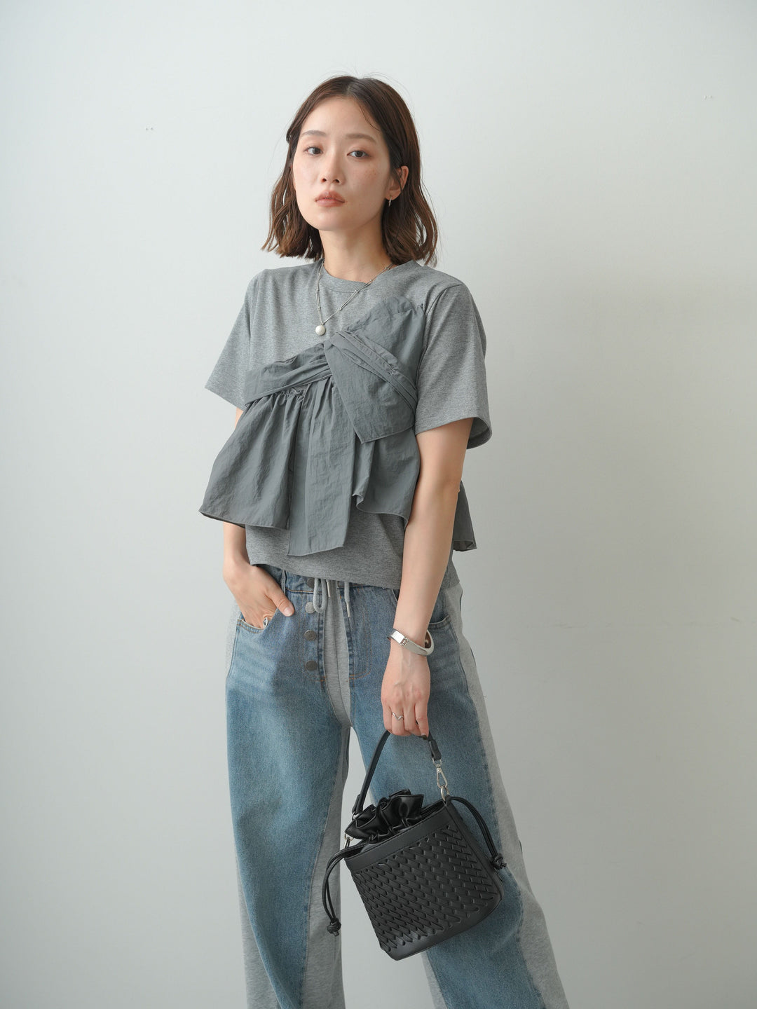 [SET]ナイロンドッキングツイストTEE +デニム切替スウェットパンツ(2set)