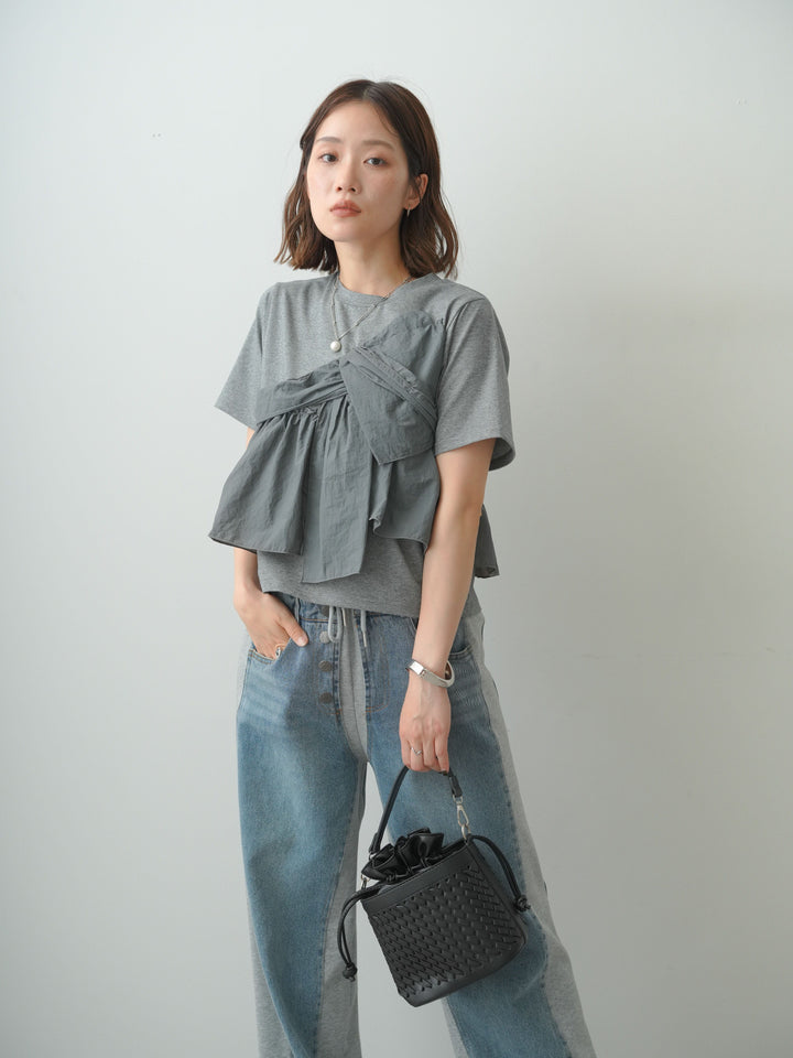 [SET]ナイロンドッキングツイストTEE +デニム切替スウェットパンツ(2set)