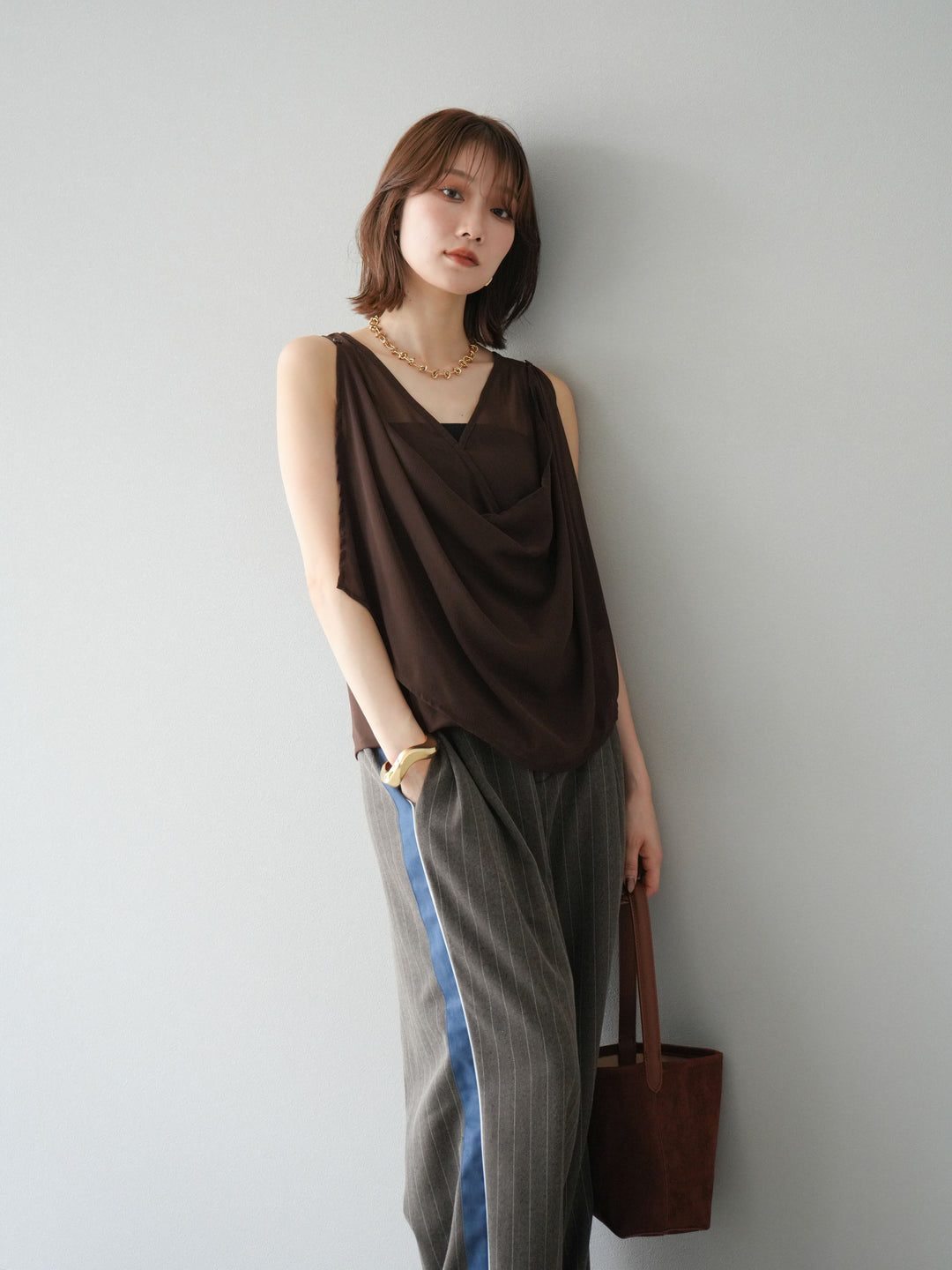 [予約]サイドラインストライプワイドパンツ/ブラウン