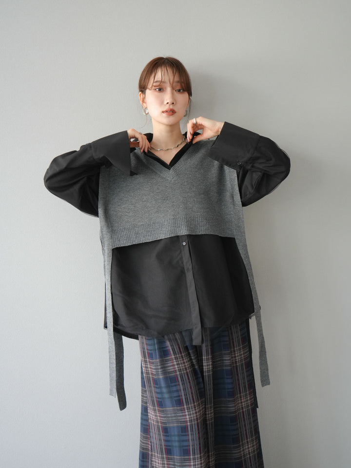 [予約]サイドリボンVネックショートニットベスト/チャコール