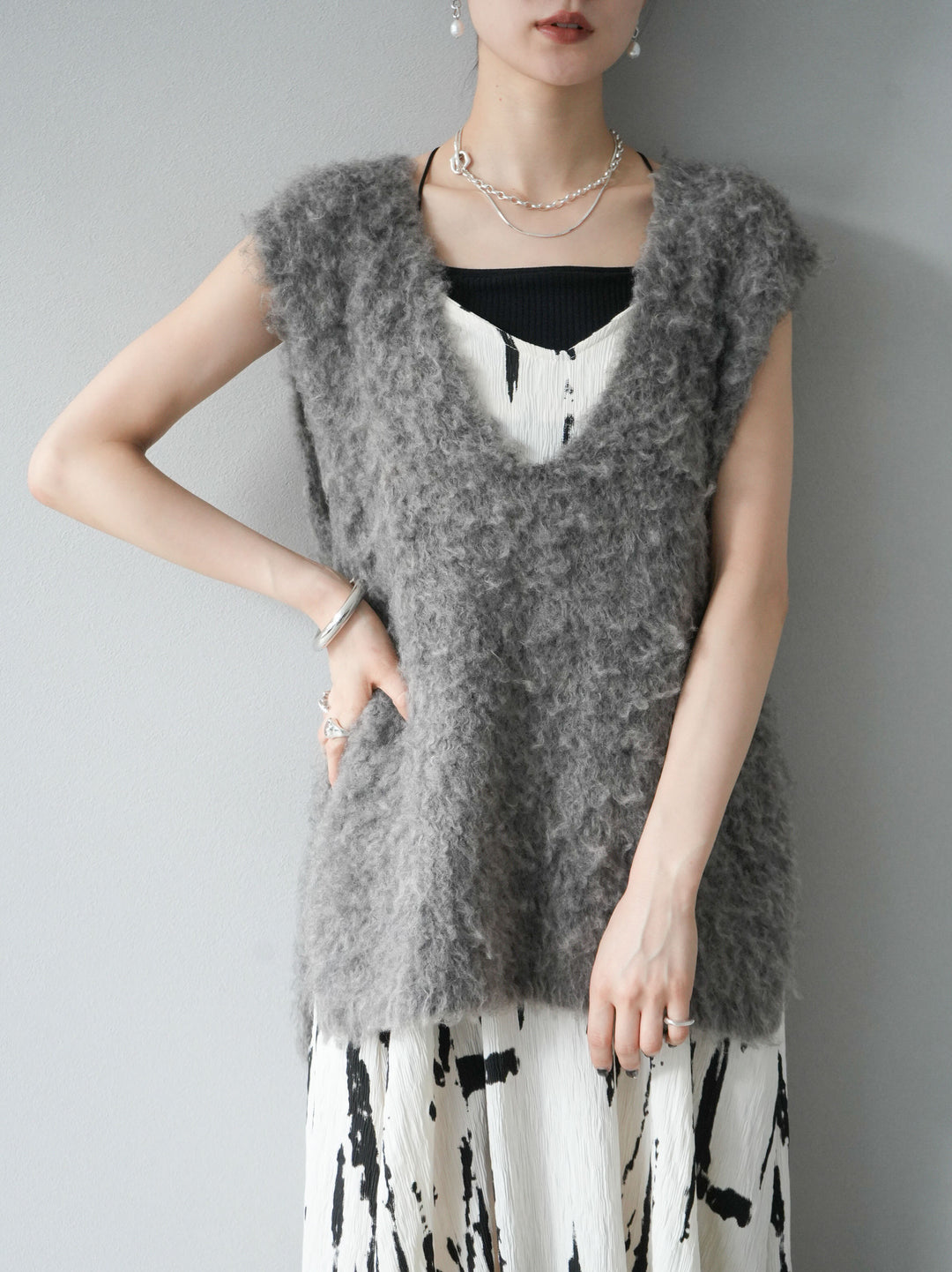 [予約]ウール混ミックスヤーンニットベスト/モカ