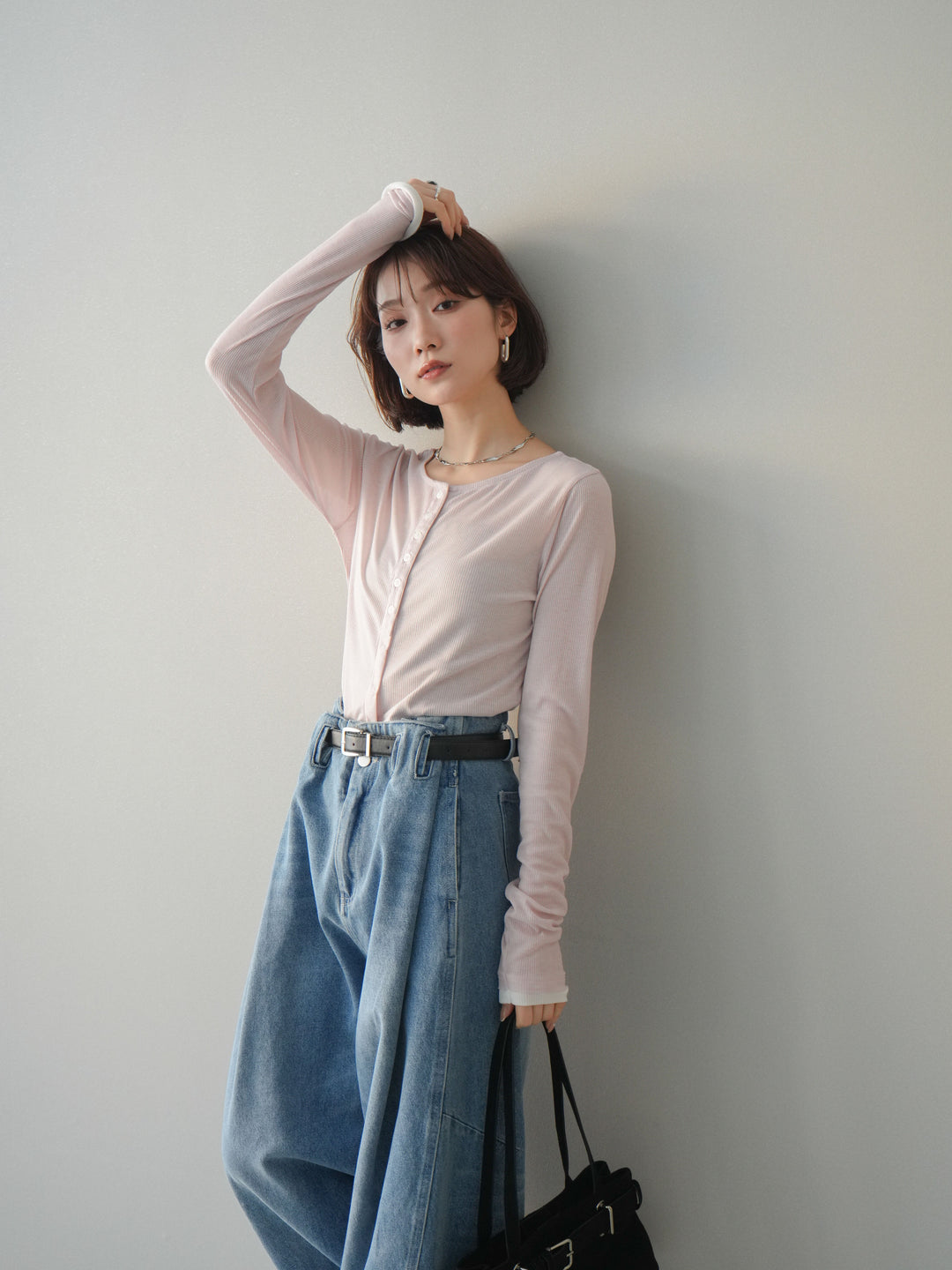 [予約]シアーリブバイカラーカーディガン/pink