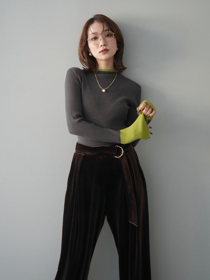 [予約]袖ボタンハイネック配色リブニットトップス/charcoal