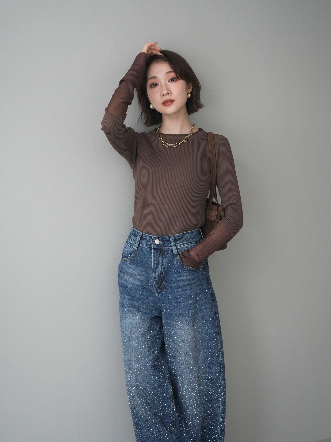 [SET]リブラメシアー切替リブニットトップス+ラインストーンカーブデニムパンツ(2set)