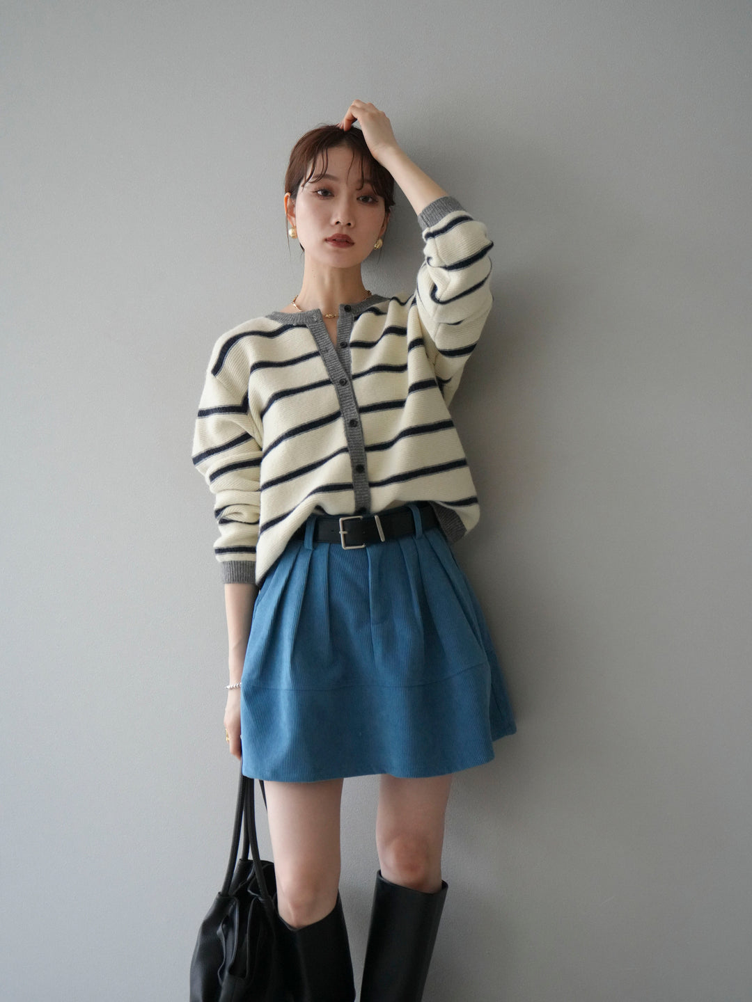 [予約]配色ボーダーニットカーディガン/apricot