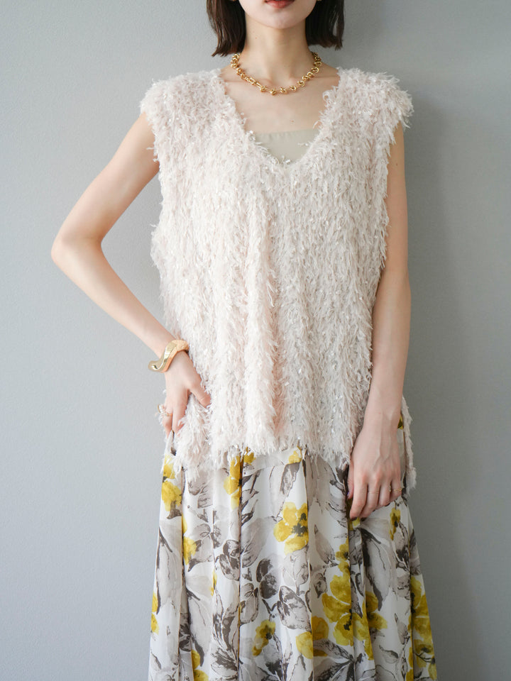 【預訂】流蘇V領背心/象牙色