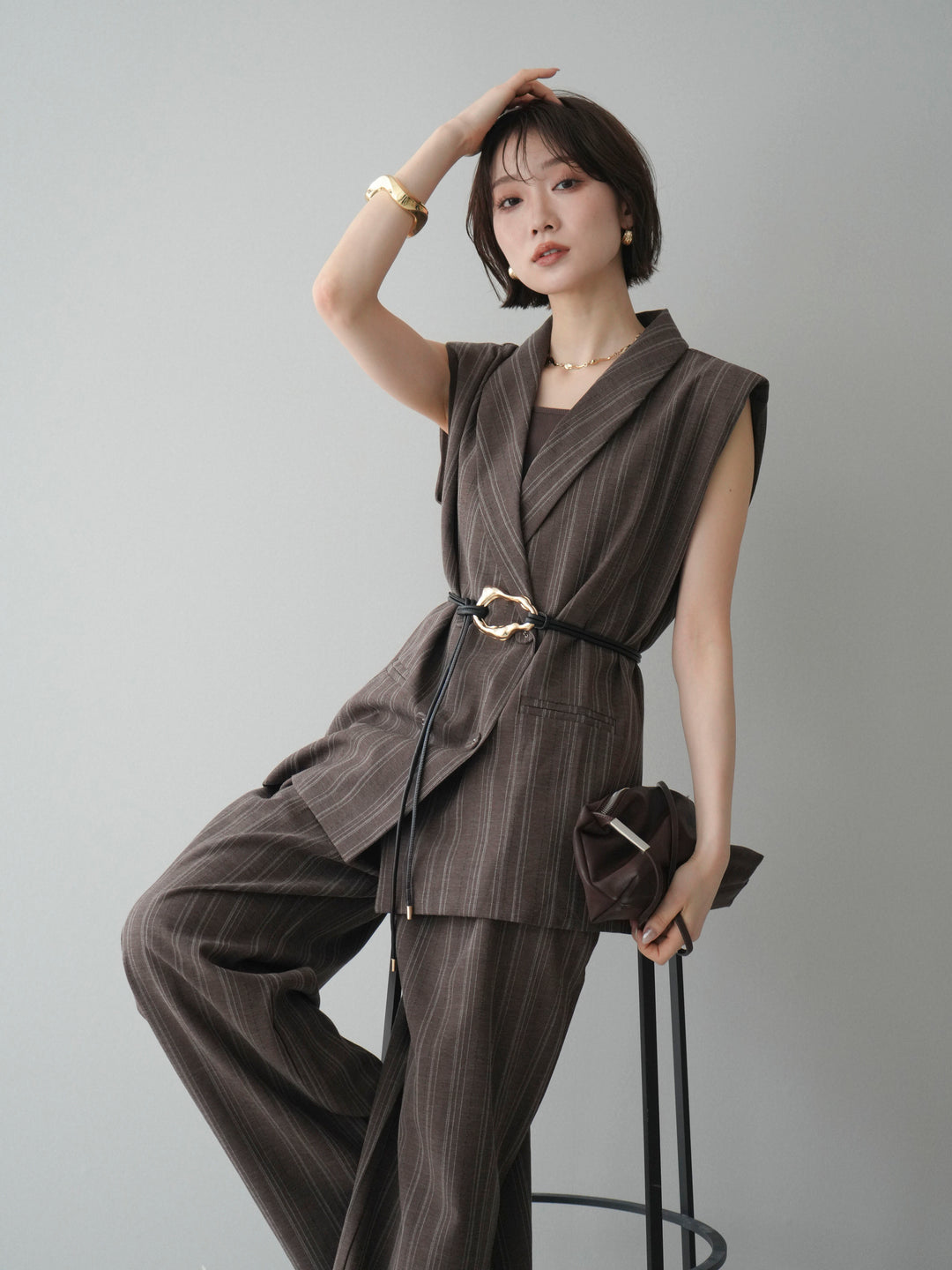 [SET]モチーフベルト付ストライプジレ＆パンツSETUP