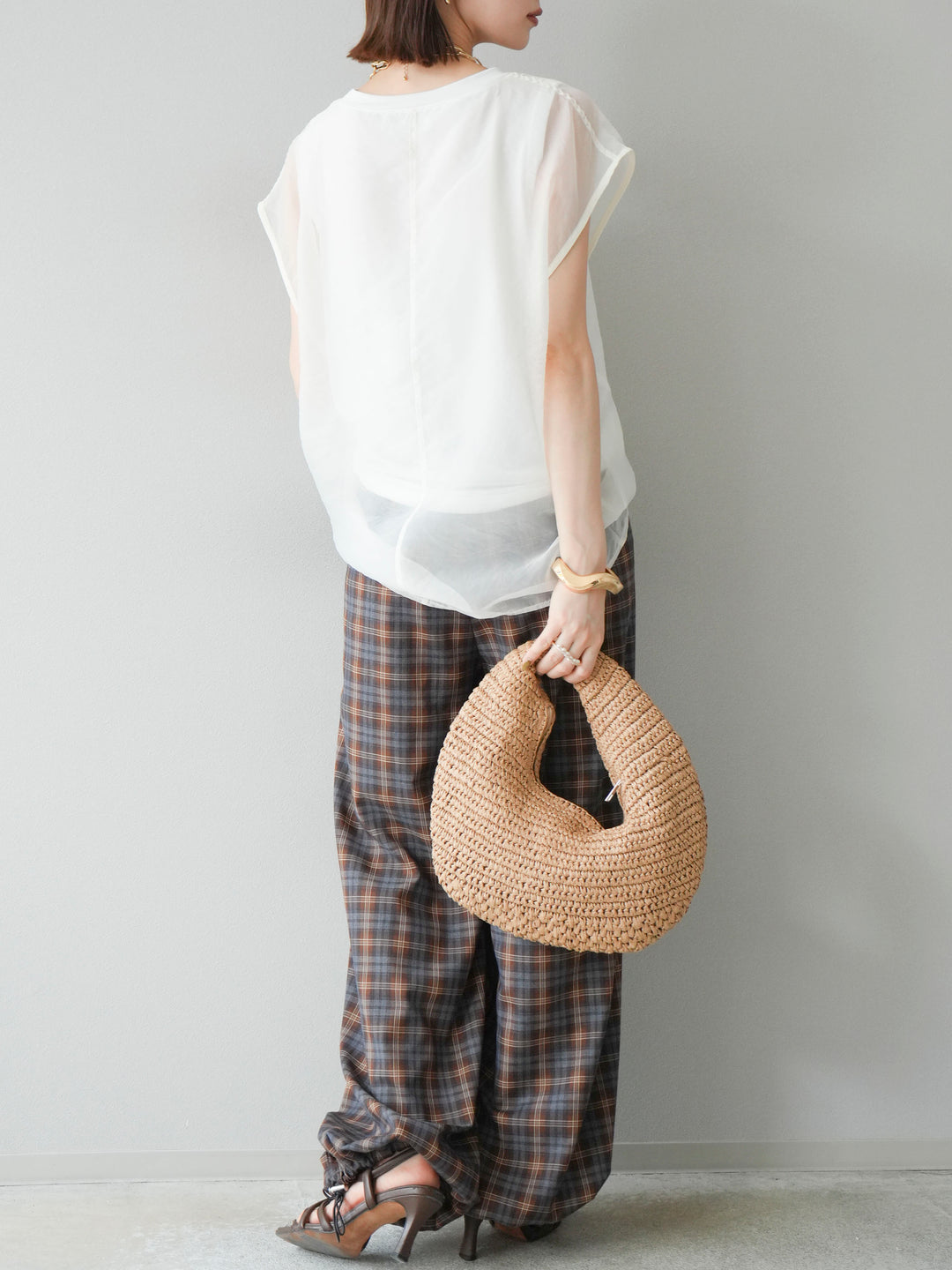 [予約]チェック柄ウエスト巻きドロストパンツ/ブラウン