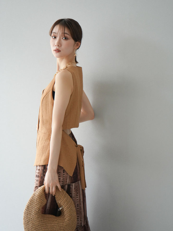 [SET]リネンタッチバックオープンベスト＆ニュアンス柄マキシスカートSET UP(2set)