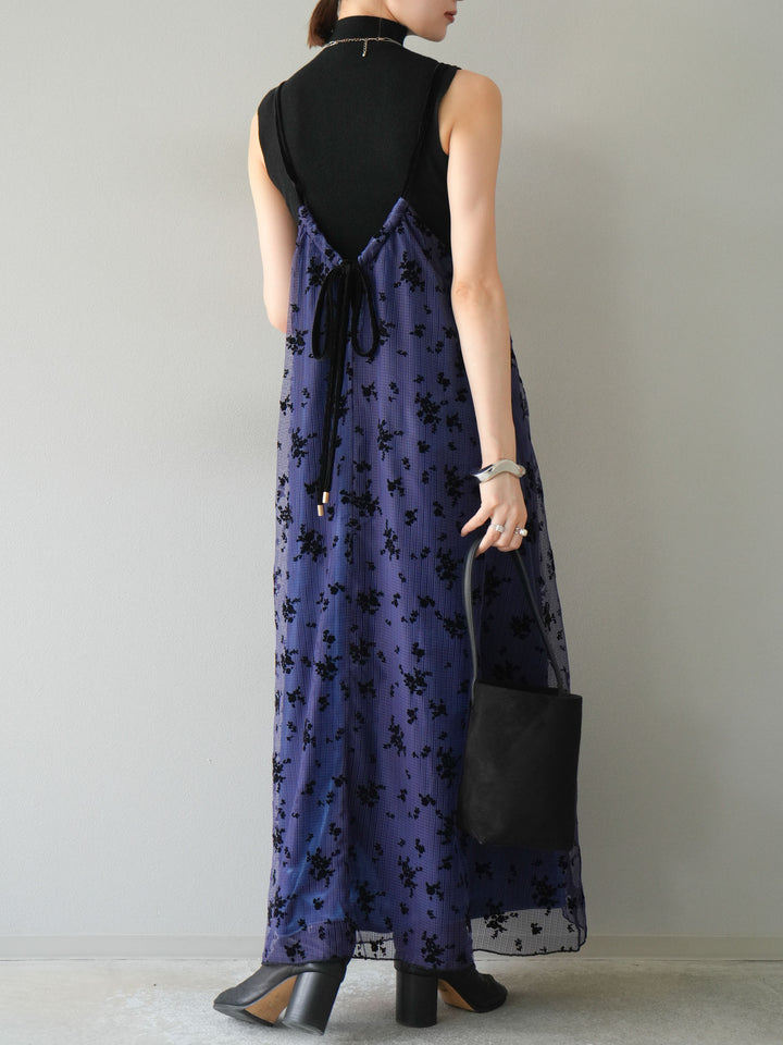 [SET]フロッキーチュールレイヤードベロアキャミワンピース+プチネックセンターシームノースリーニットトップス(2set)