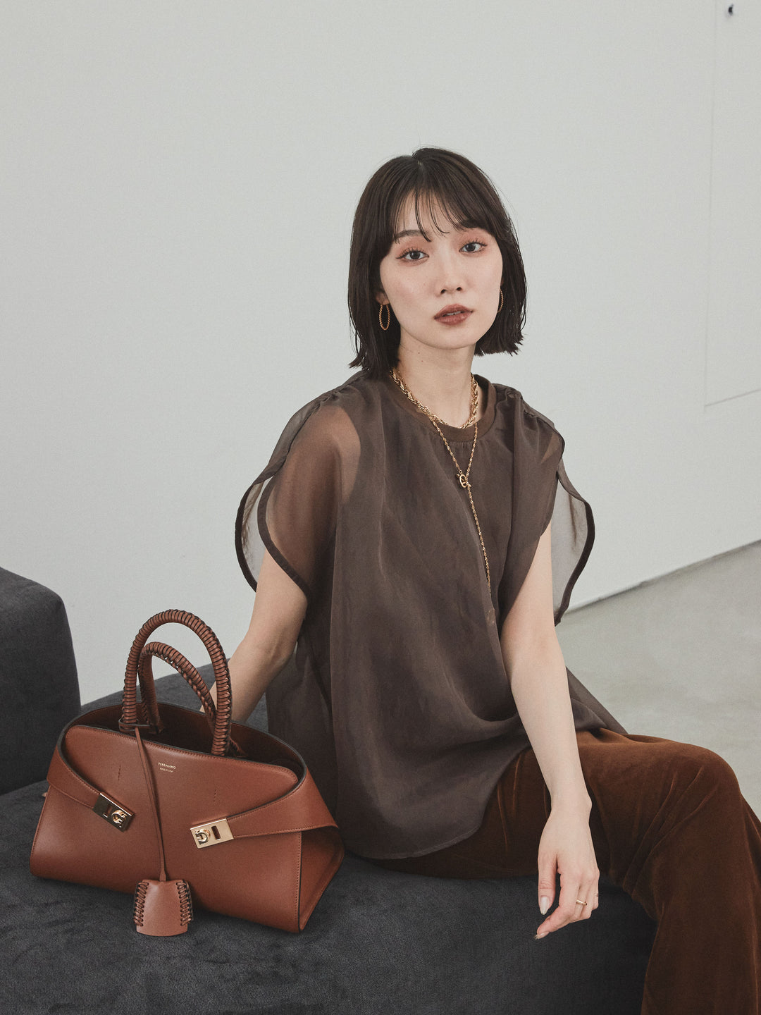 [予約]コンパクトスムースシアーレイヤードトップス/ブラウン