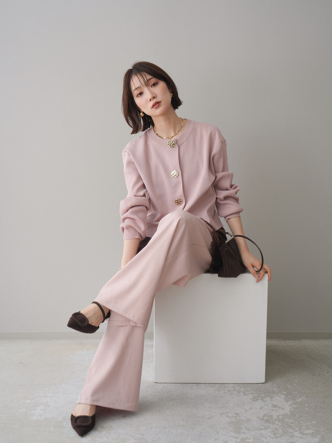 [SET]メタルボタンクルーネックニットカーディガン+選べるアクセセット(2set)