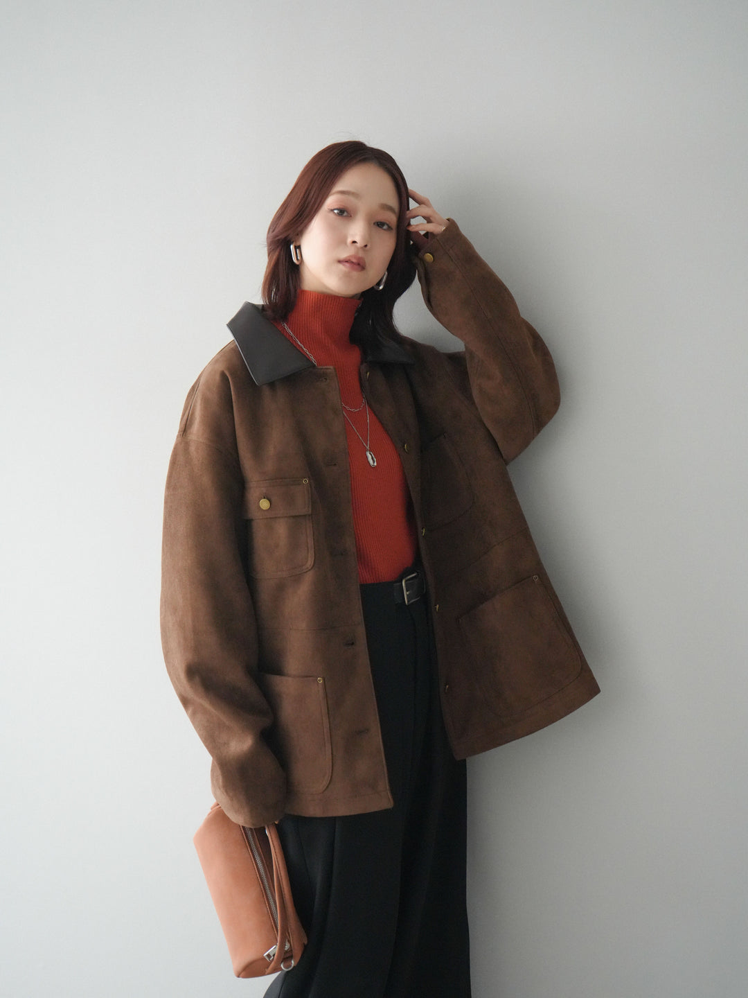 [SET]襟レザーステンカラースエードジャケット+袖ボタンボトルネックリブニットトップス+ベルトループデザインワイドパンツ(3set)