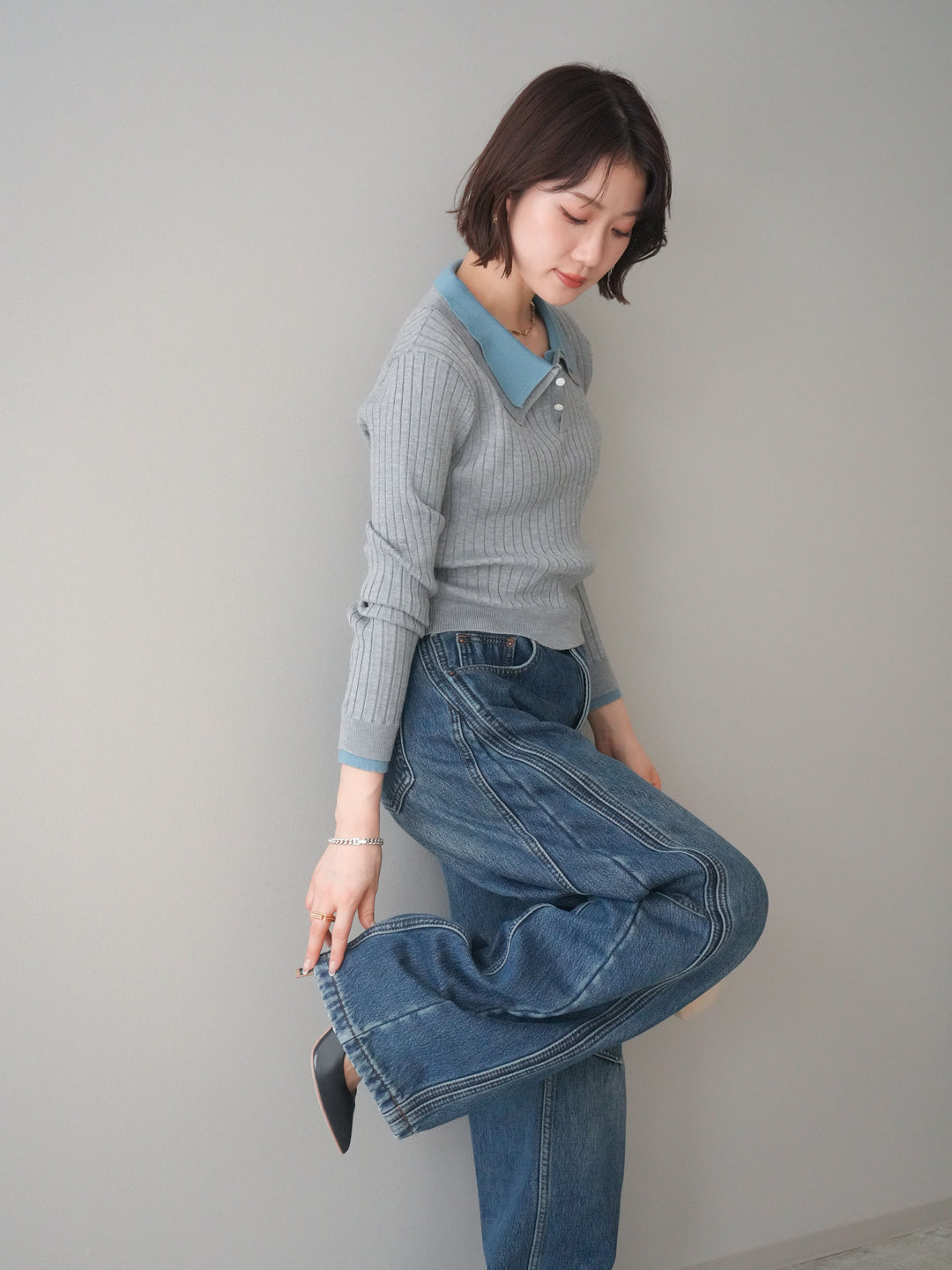 [SET]ダブル襟ポロリブニットトップス+ダブル襟ポロリブニットトップス(2set)