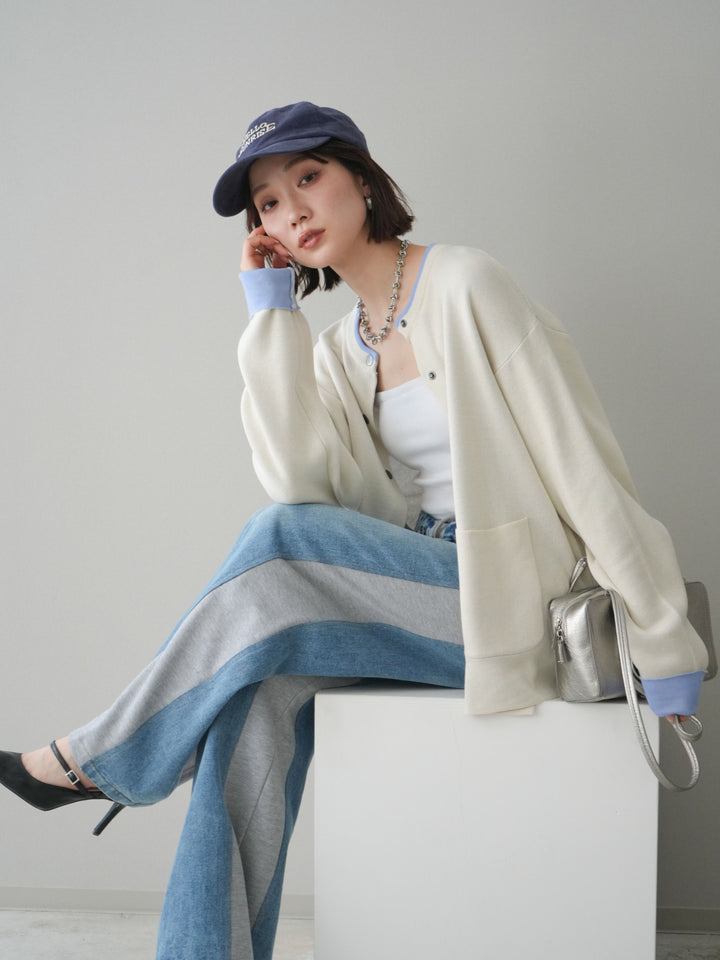 [SET]バイカラーオーバーニットカーディガン+デニム切替スウェットパンツ(2set)