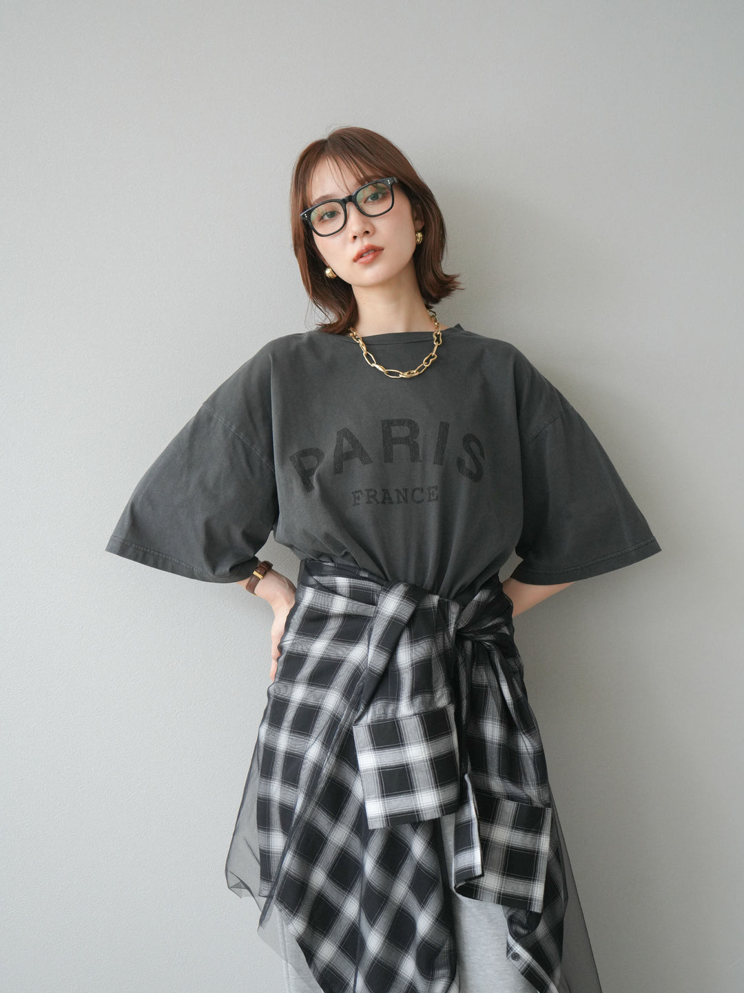 [SET]ピグメントロゴプリントTシャツ+2WAYデザインスウェットパンツ+チュールドッキングチェック柄オーバーサイズシャツ(3set)