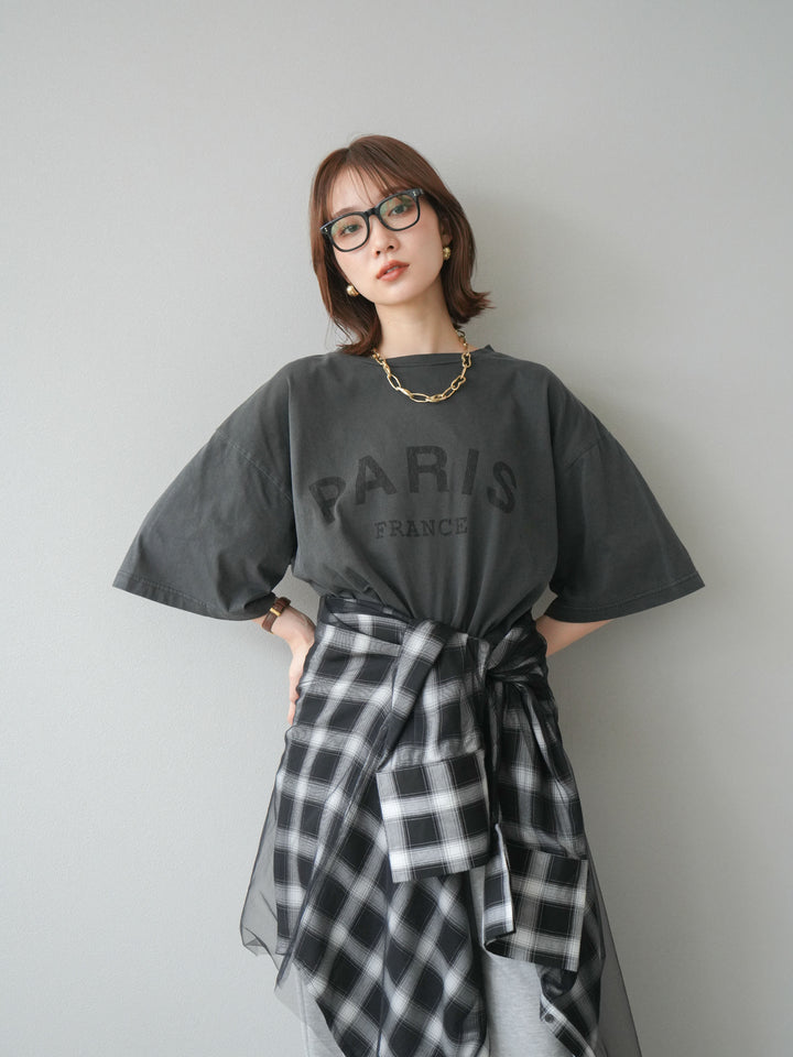 [SET]ピグメントロゴプリントTシャツ+2WAYデザインスウェットパンツ+チュールドッキングチェック柄オーバーサイズシャツ(3set)